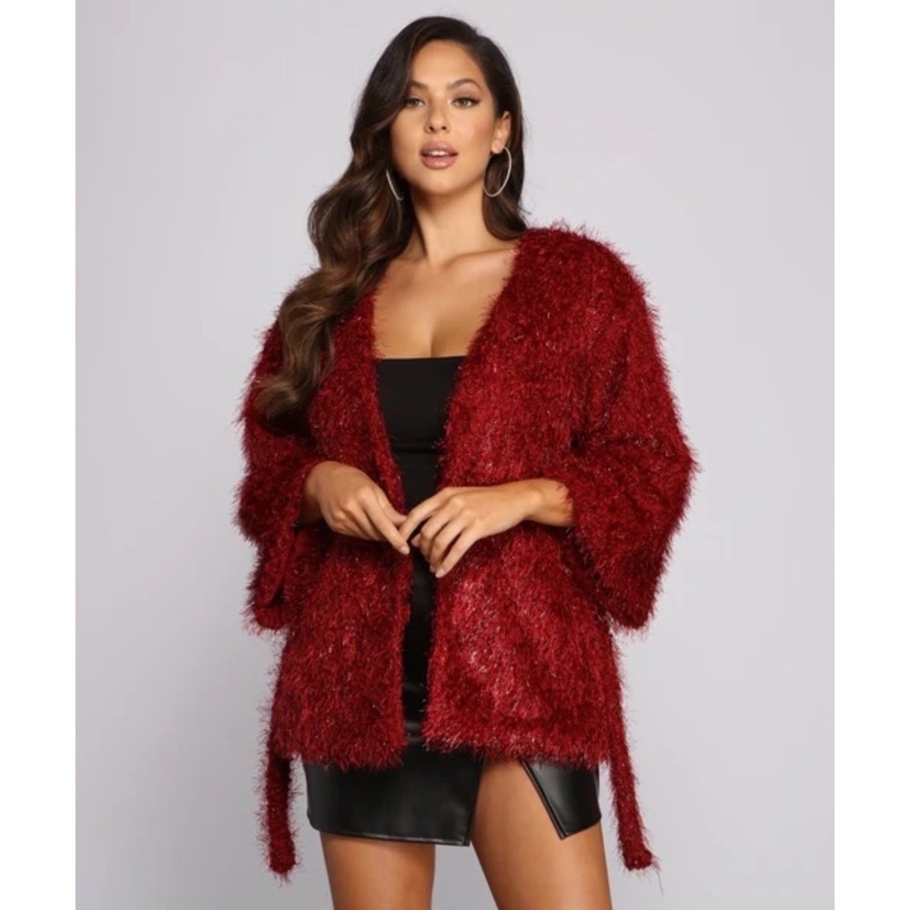 Medium Ruby Red Holiday Glimmer Tie Waist Jacket